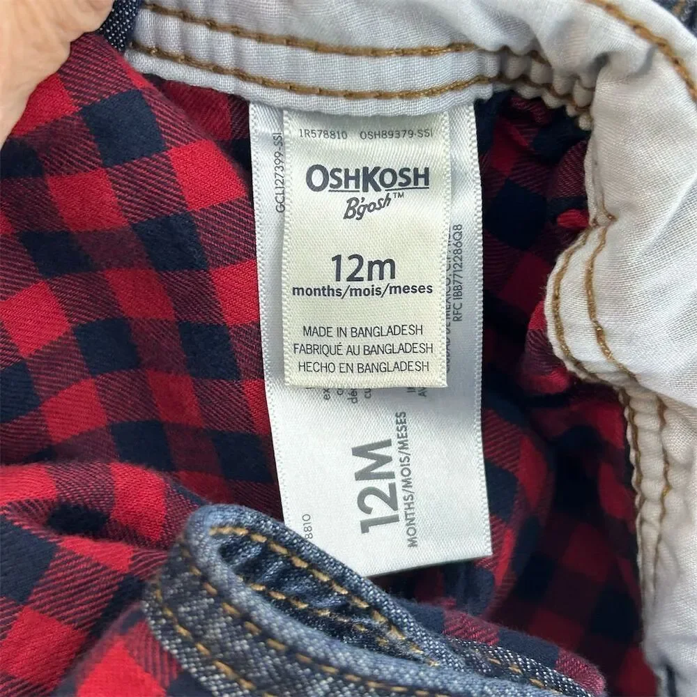 OshKosh B'gosh Baby Unisex Girl Boy Denim Overalls 12M Blue  Red Plaid Lined NWT